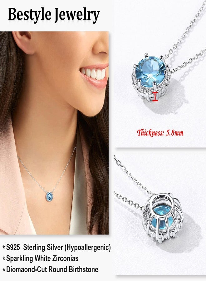Bestyle 925 Sterling Silver Love Round Cubic Zirconia Necklaces March Aquamarine Birthstone Crystal Pendant for Women, Hypoallergenic Necklaces for Sensitive Skin - Image 4